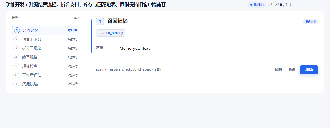 Feature Workbench:父子规范、当前步骤、产出与证据,支持跨会话恢复